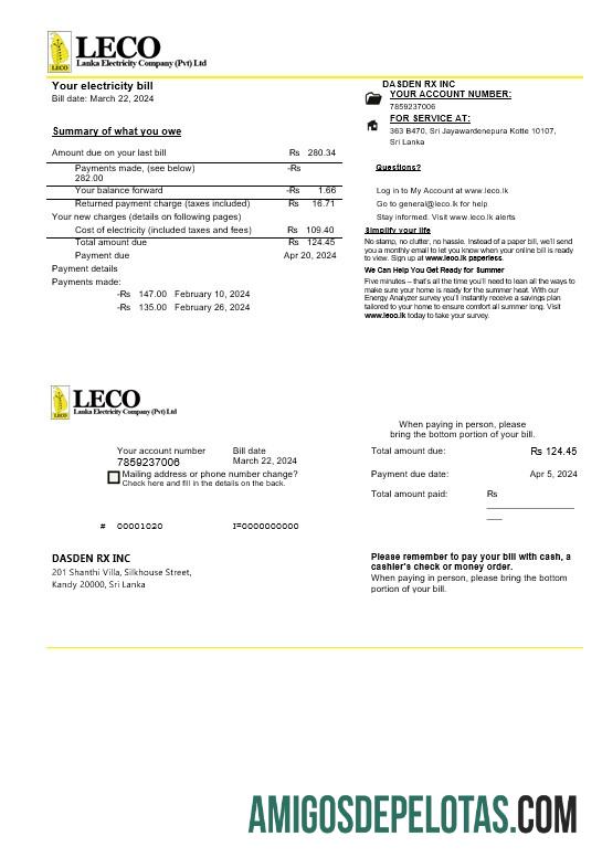 realista Modelo de conta de serviços públicos de eletricidade da empresa LECO do Sri Lanka em formatos Word e PDF